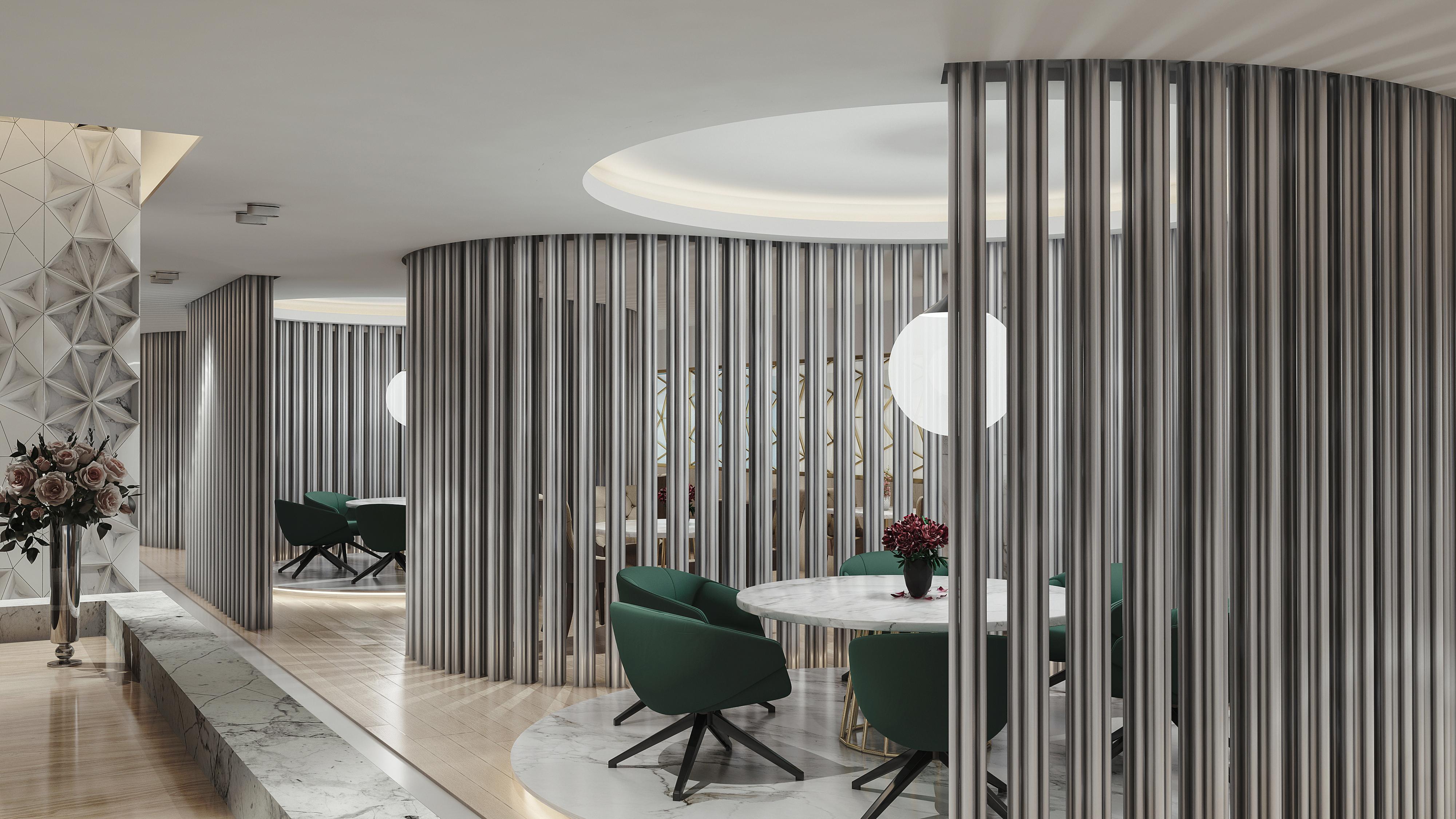 Steigenberger Hotel Doha Exteriör bild The photo shows an interior space featuring a modern design. There are several green chairs arranged around a circular table. The walls are adorned with vertical metal slats, creating a stylish partition. A round light fixture hangs from the ceiling,